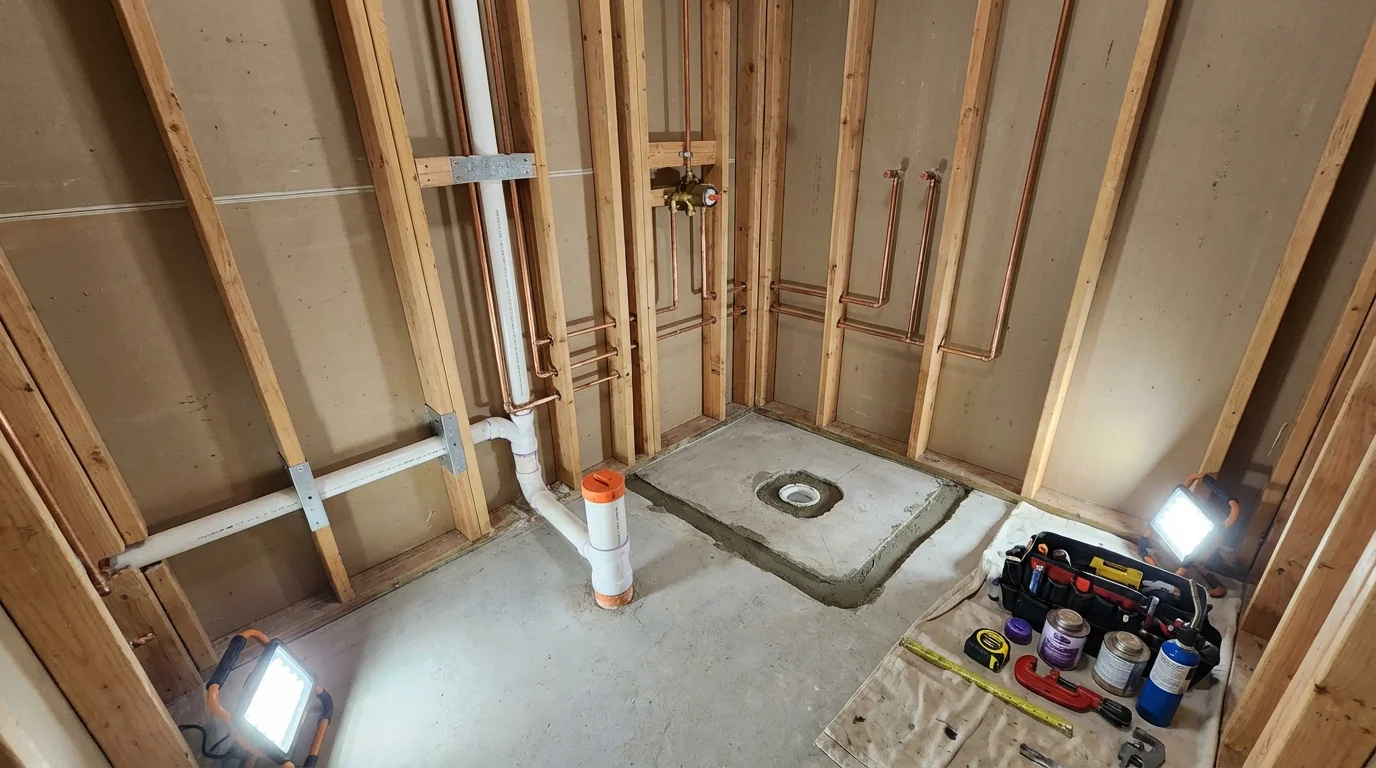 Bathroom rough-in plumbing during remodel by Johns Plumbing LLC in Cornersville