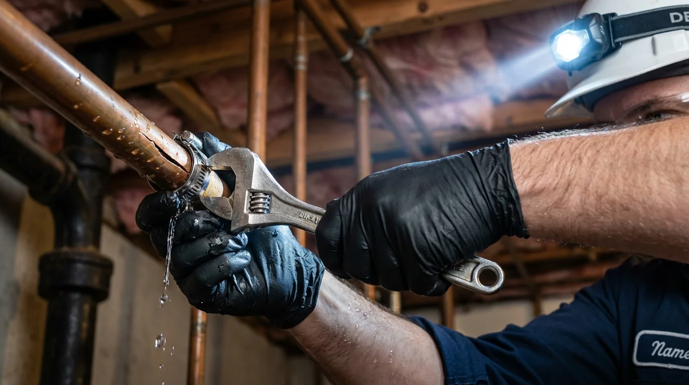 Emergency pipe clamp repair being performed by a Johns Plumbing LLC plumber in Cornersville