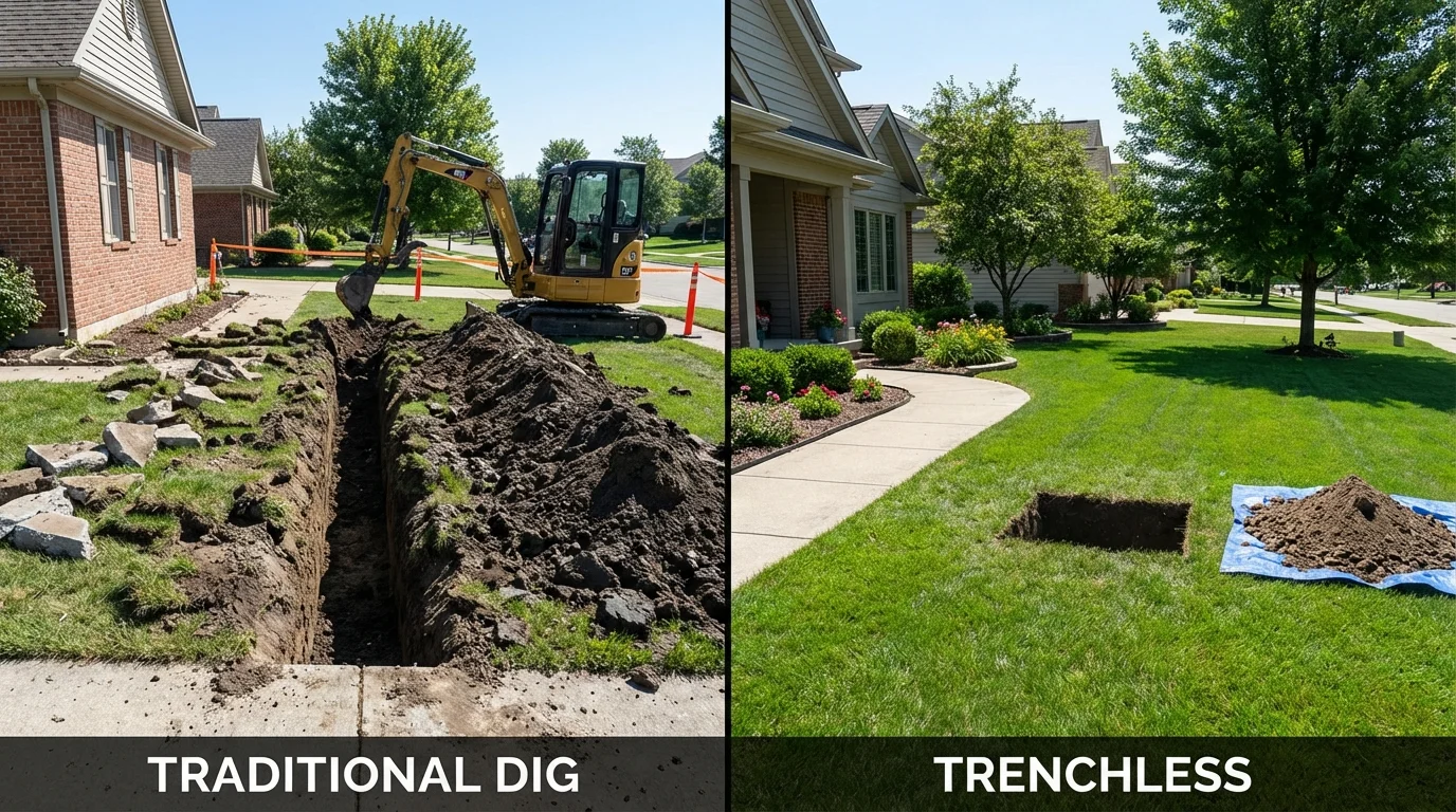 Trenchless sewer repair with minimal yard damage versus traditional excavation in Cornersville, TN