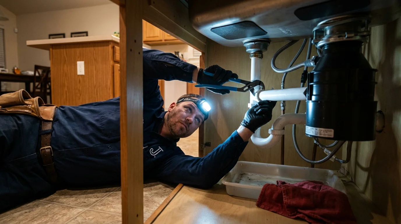 P-trap and supply line connections under a kitchen sink showing a common leak point in Cornersville, TN